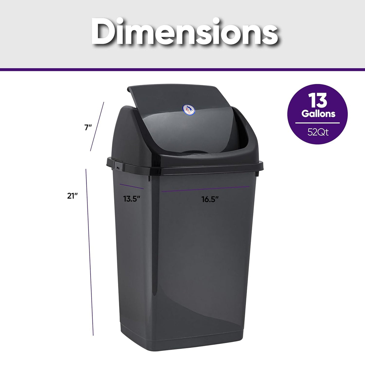 Superio 13 Gallon Plastic Swing Lid Trash Can, Grey/Black 2 Pack, Ideal for Home, Office, Garage