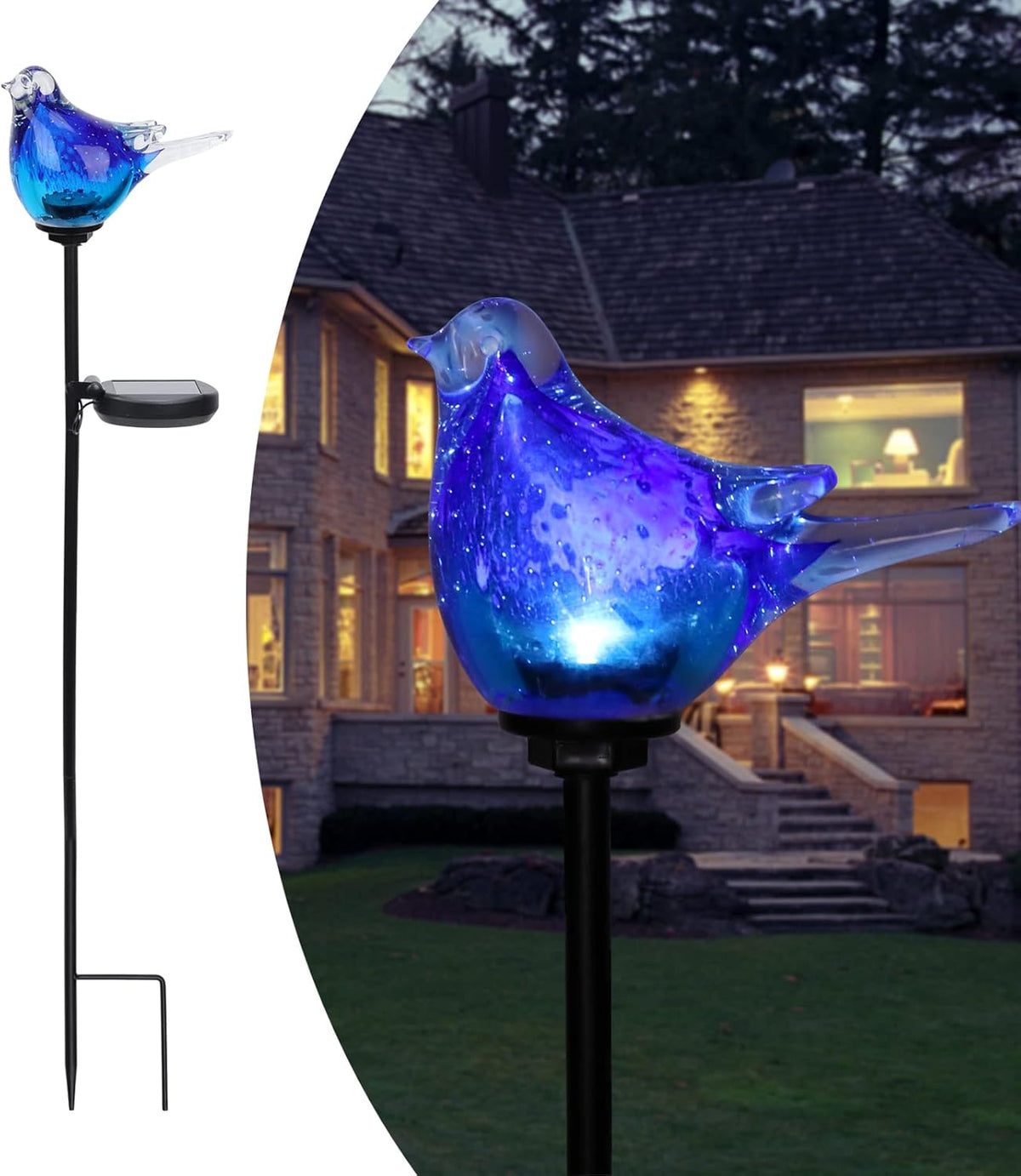 Afirst Solar Bluebird Garden Stake Lights - Hand Blown Glass Decorative Garden Pathway Lights