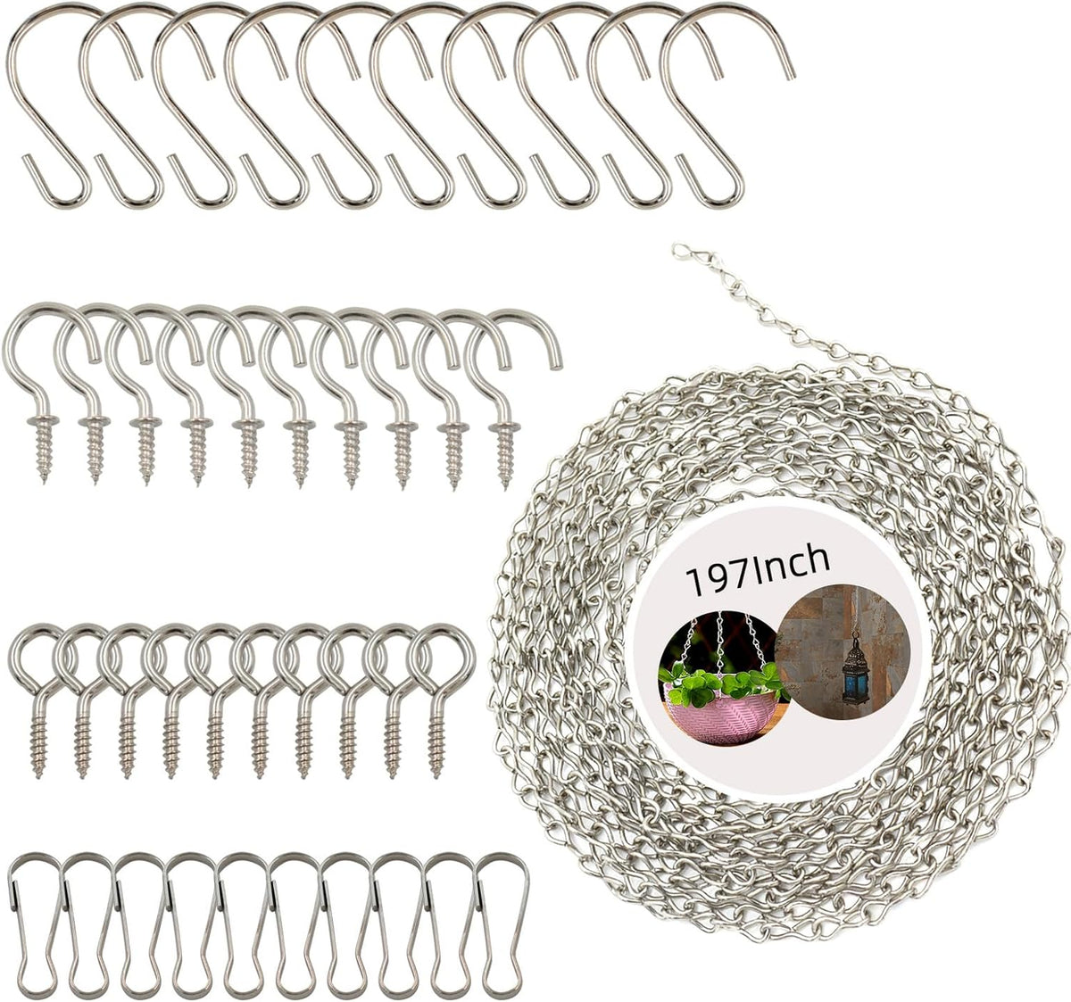 YINGFENG 197 Inch DIY Silver Hanging Basket Chains, Adjustable Length, Decorative Metal Chain with