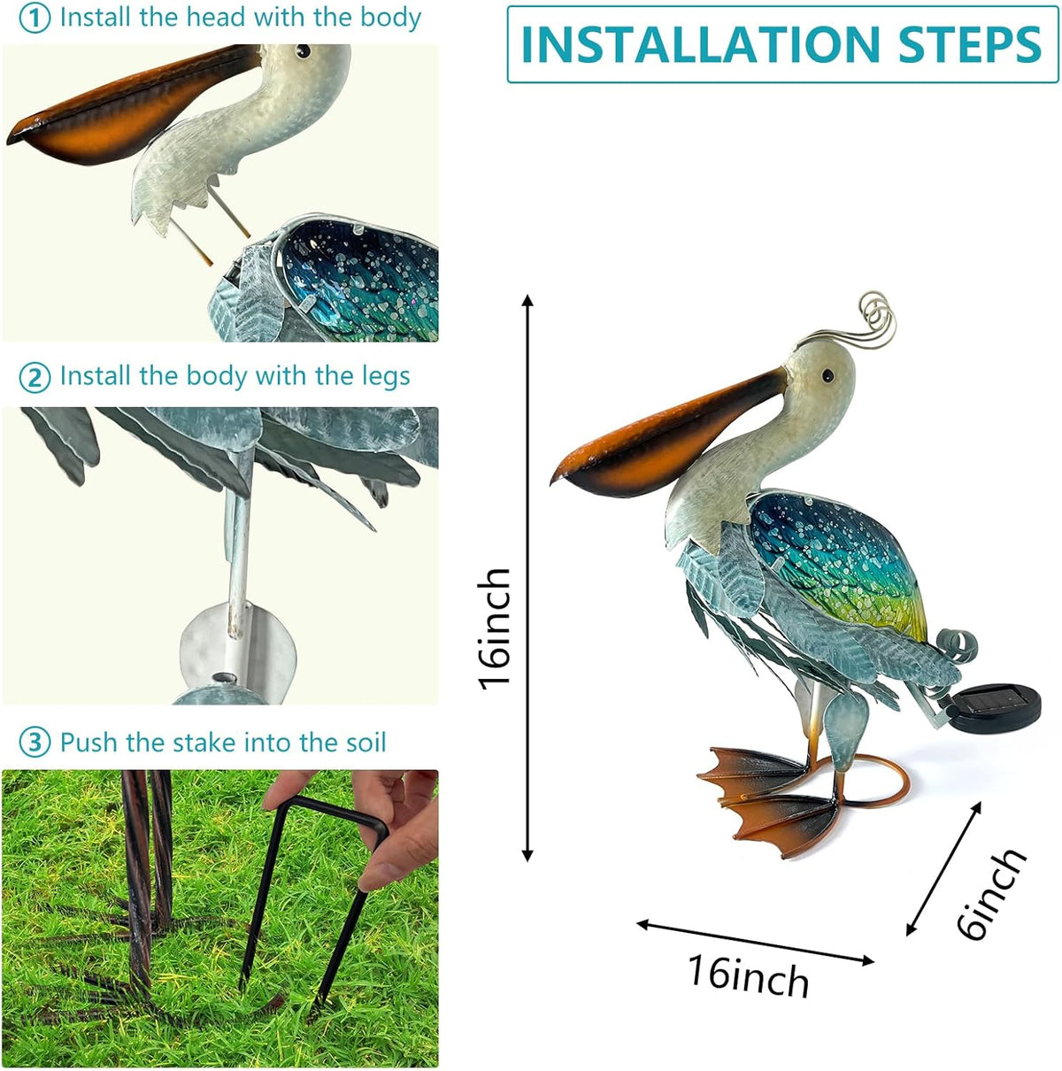 HONGLAND Solar Metal Pelican Statues Garden Sculpture & Statues, 17 Inch Glass Outdoor Pelican Yard