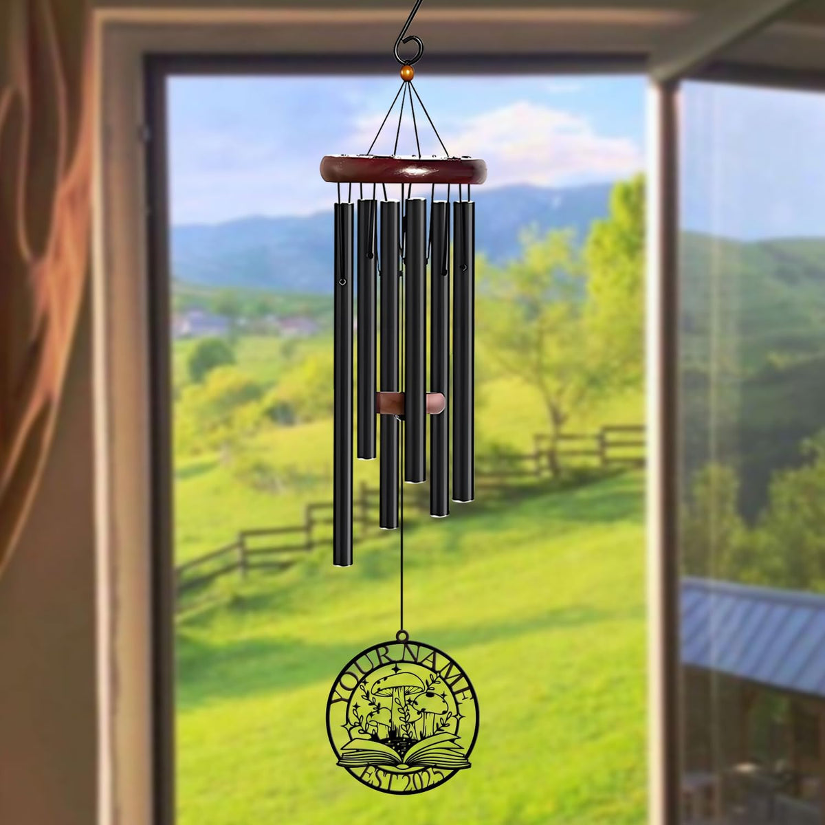 Personalized Customize Name Fantasy Mushroom Wonderland Wind Chime, Metal Iron 37 Inch Outdoor