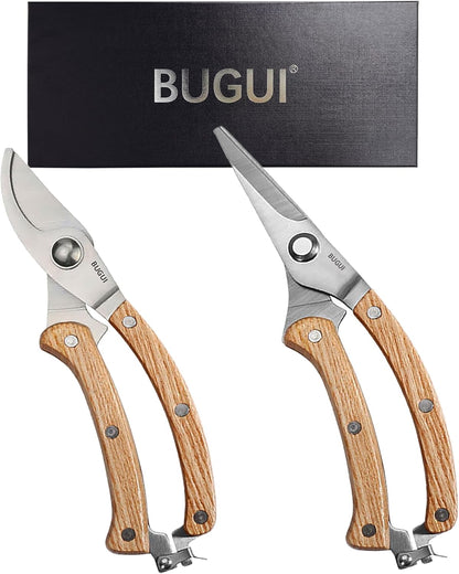 BUGUI 8” Wood Handle Garden Scissors, Set of 2, Includes Bypass Pruning Shears and Long Straight