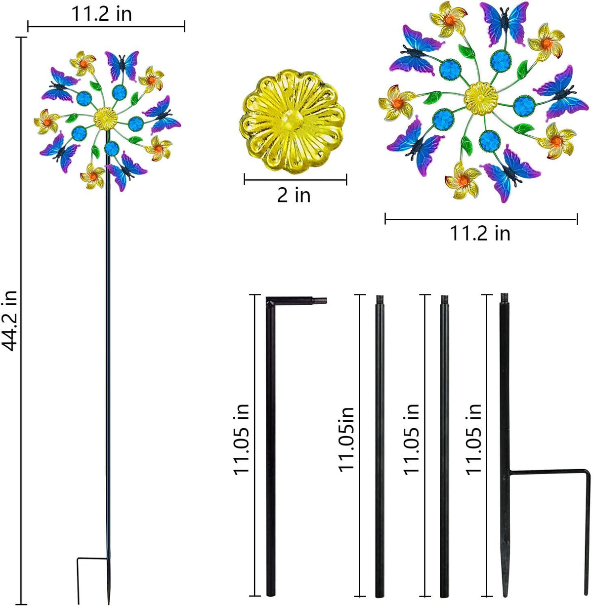 44" Butterfly Garden Wind Spinners - Metal Outdoor Stake Spinner Windmills, Wind Sculpture Yard Art