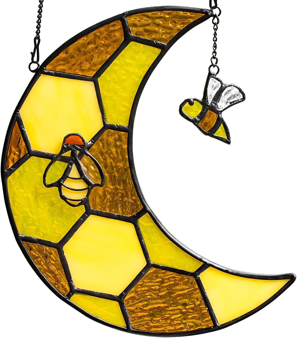 Bee Stained Glass Suncatcher for Window,Honeycomb Stained Glass Window Hanging Moon Decor,Bee Gifts