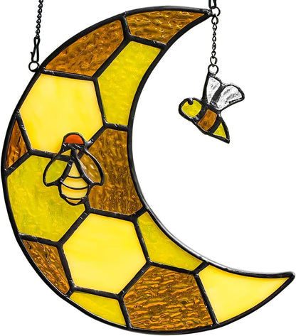 Bee Stained Glass Suncatcher for Window,Honeycomb Stained Glass Window Hanging Moon Decor,Bee Gifts