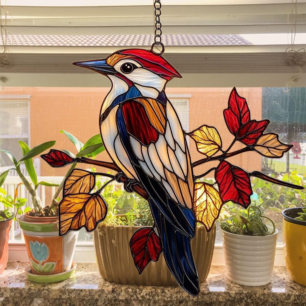 Red Woodpecker Acrylic Suncatcher Stained Glass Effect Window Car Hanging Christmas Ornament Indoor