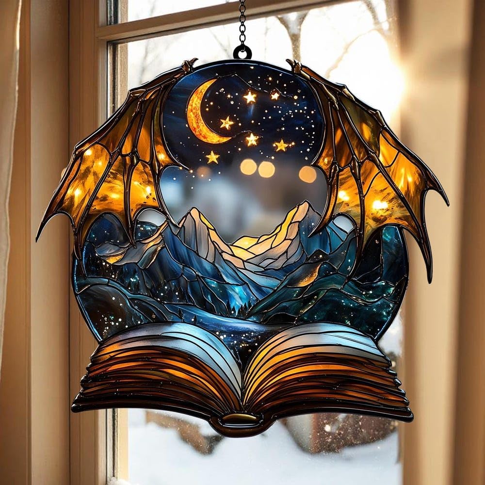 Dragon Wings Book Bookish Acrylic Suncatcher Stained Glass Effect Window Car Hanging Christmas