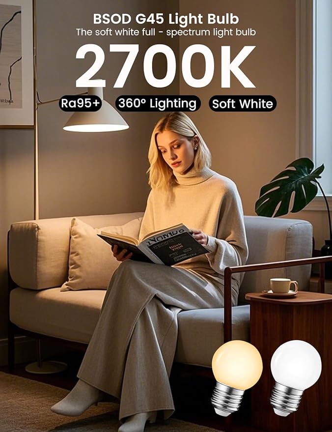 Warm Light Bulbs, Full Spectrum Light Bulb 2700K LED Lightbulbs G45 Soft White Grow Small E26