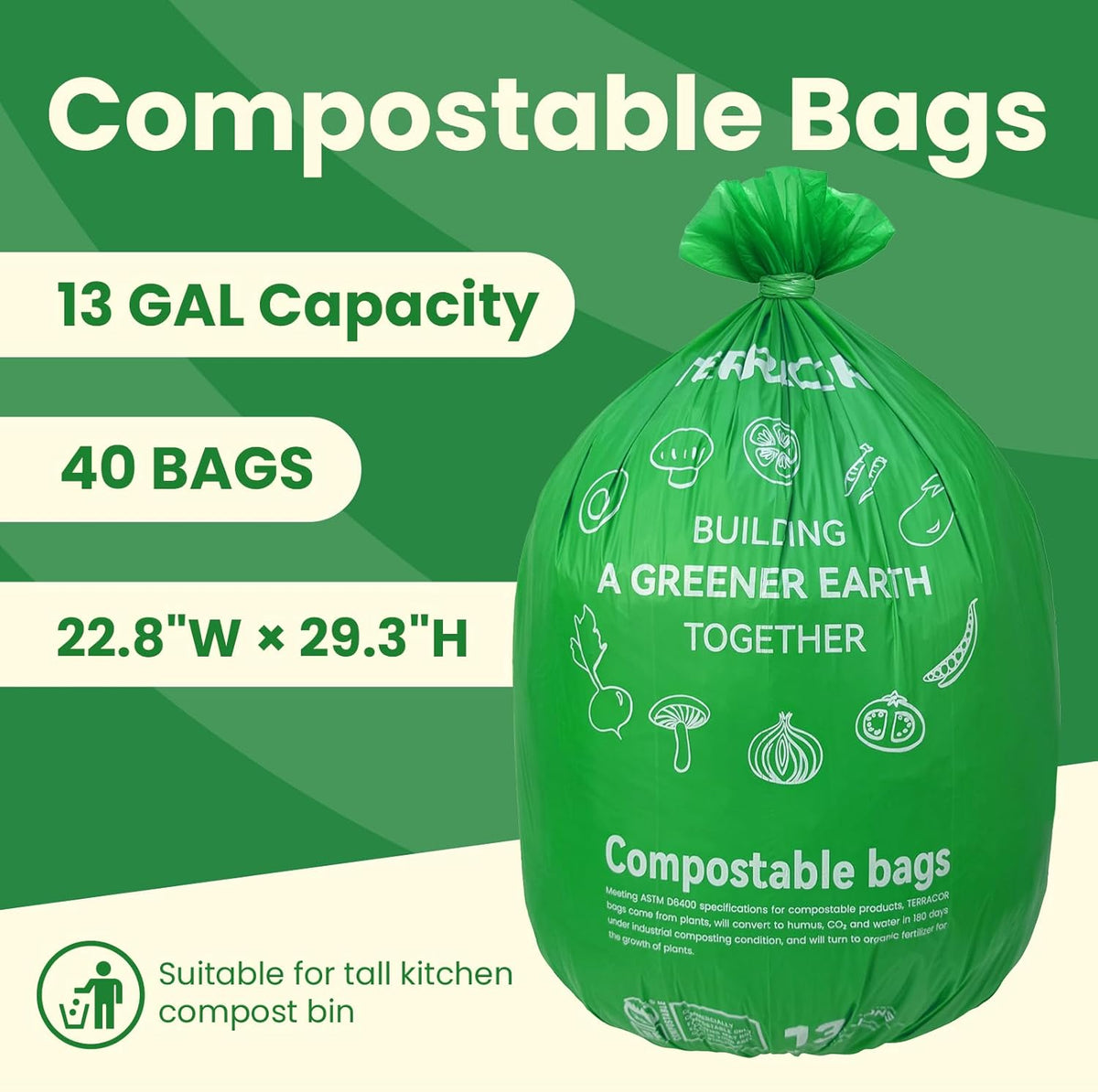 13 Gallon Compostable Trash Bags, 40 Bags Compost Bags for Countertop Bin, Camping Toilet Bags for
