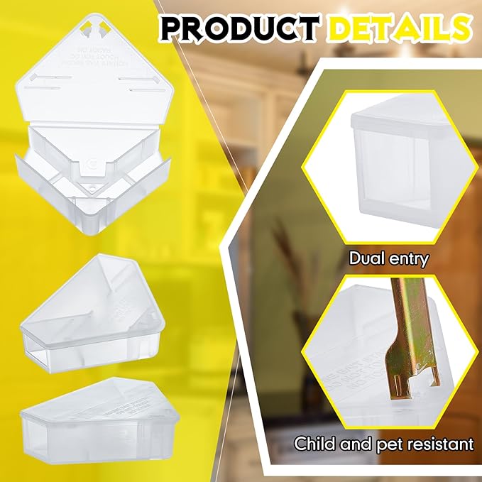Qualirey 6 Pcs Mice Station with Key Triangle Bait Station Reusable Rodent Trap Bait Box, Keeps