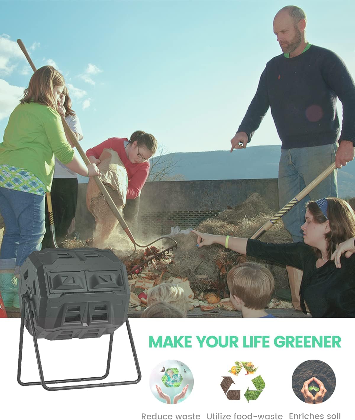 2021 Upgraded Tumbling Composter with Compost Thermometer - Dual Chamber Garden Compost Bin(43 Gal