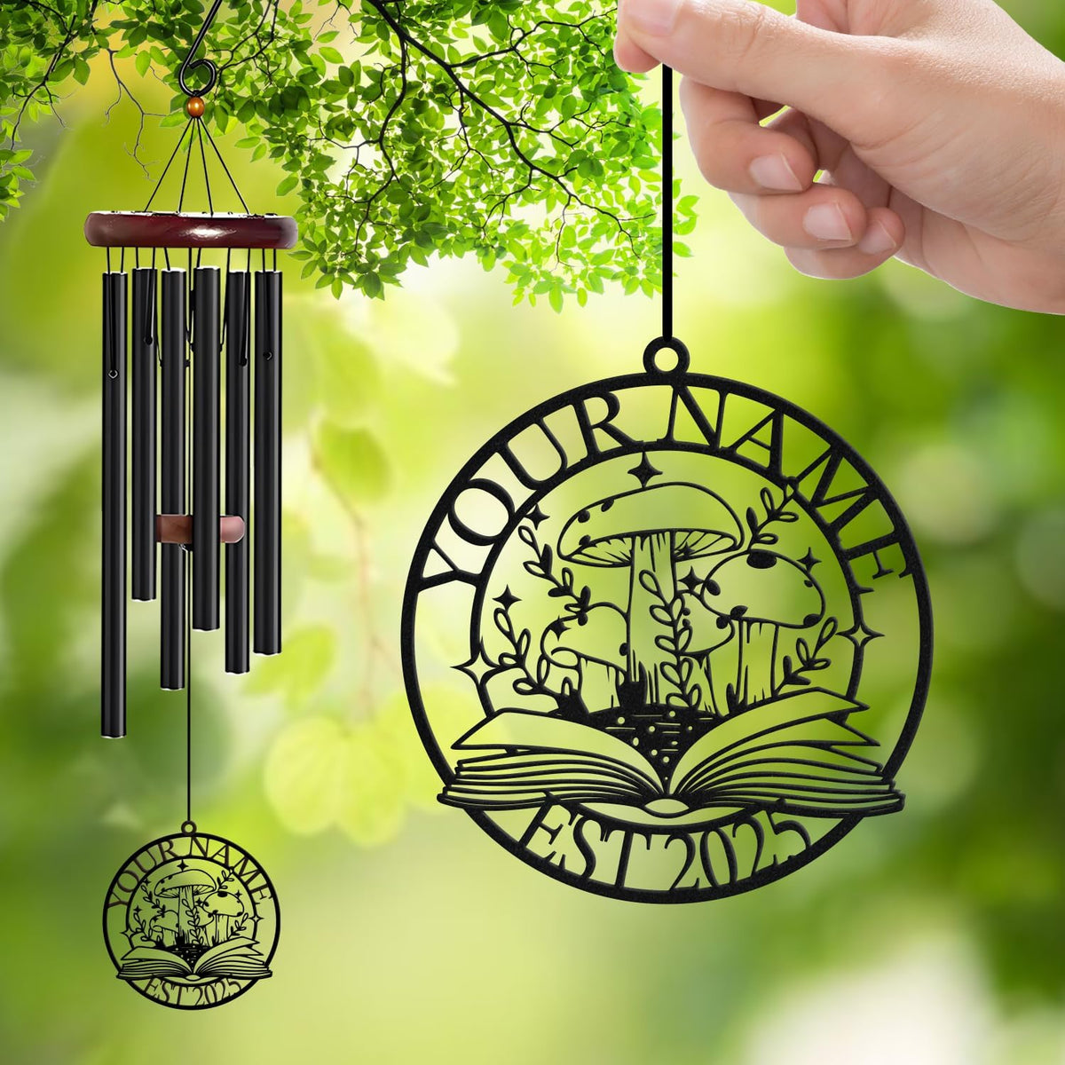 Personalized Customize Name Fantasy Mushroom Wonderland Wind Chime, Metal Iron 37 Inch Outdoor