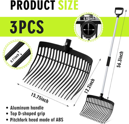 Lasnten 3 Sets Black Manure Fork with Long Metal Handle Pitch Fork Manure Rake Heavy Duty Muck Rake
