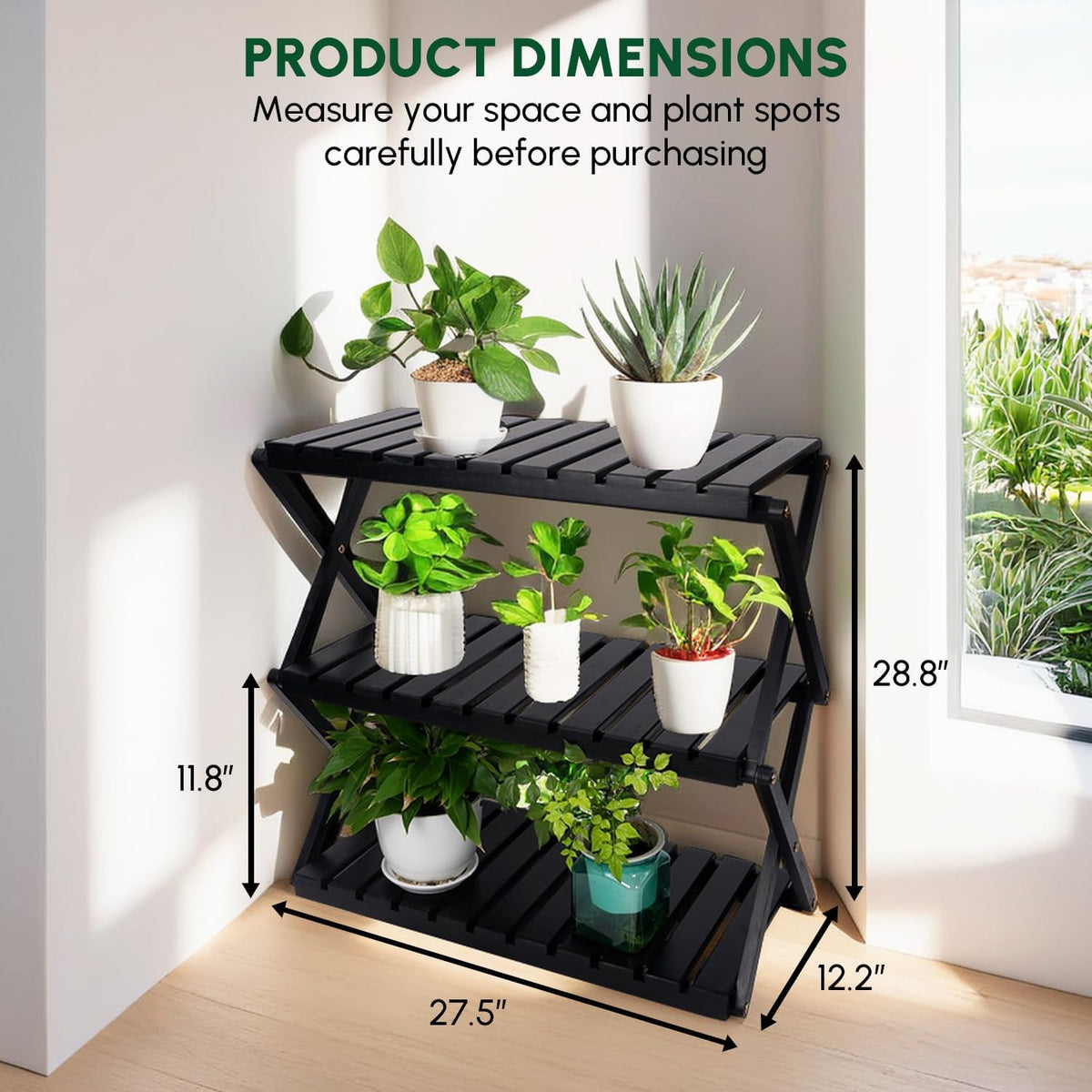 BEEFURNI Acacia Stand Indoor, Wooden Outdoor Plant Stand, Foldable Corner, 3 Tier Plant Stand, Easy