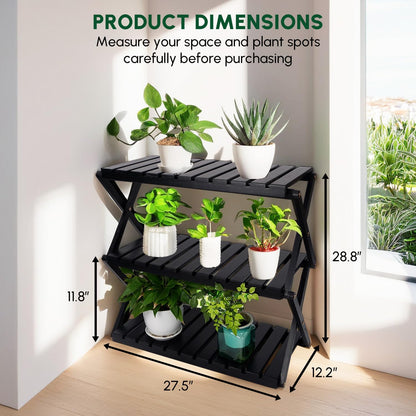 BEEFURNI Acacia Stand Indoor, Wooden Outdoor Plant Stand, Foldable Corner, 3 Tier Plant Stand, Easy