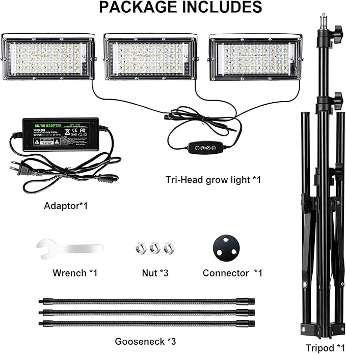 LBW Grow Light with Stand, Tri-Head LED Plant Light for Indoor Plants, Full Spectrum 150 LEDs
