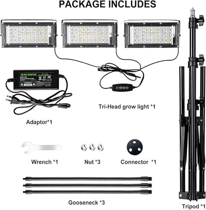 LBW Grow Light with Stand, Tri-Head LED Plant Light for Indoor Plants, Full Spectrum 150 LEDs