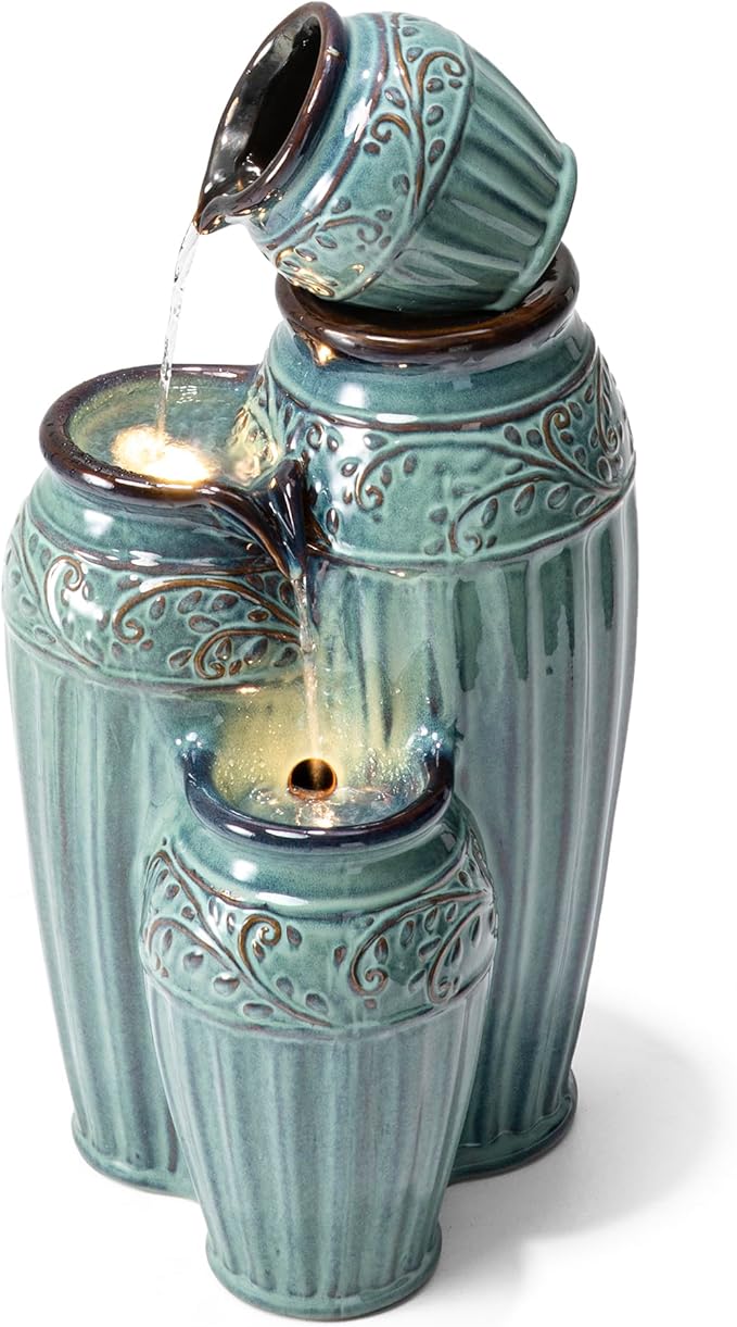 Glitzhome 27.25" H Outdoor Garden Water Fountain with LED Lights and Pump, 4 Tier Turquoise