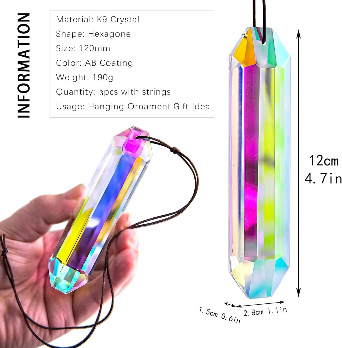 HDCRYSTALGIFTS 3 Pack 5" Large Crystal Sun Catcher Prisms for Windows, AB Colored Suncatcher