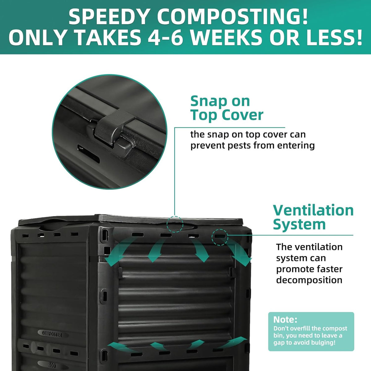 Compost Bin Outdoor 80 Gallon (300L) Large Compost Bin Composter with w/Top Flip Latch-on Lid