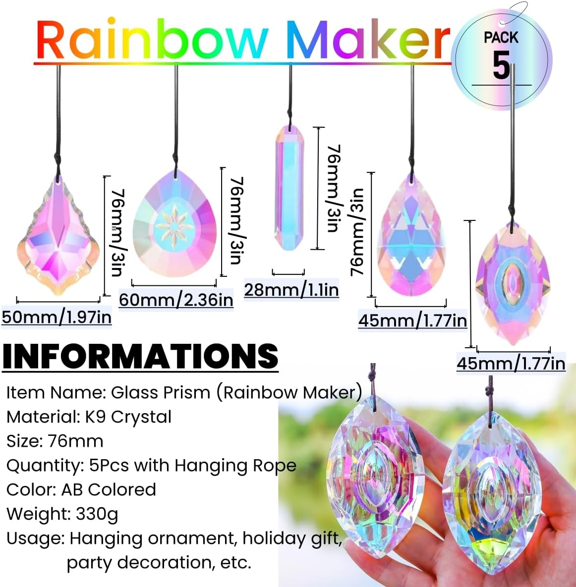 5Pcs 3-inch Crystal Sun Catcher Prisms for Windows Garden Patio,AB Colored Hanging Suncatchers with