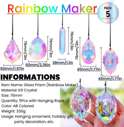 5Pcs 3-inch Crystal Sun Catcher Prisms for Windows Garden Patio,AB Colored Hanging Suncatchers with