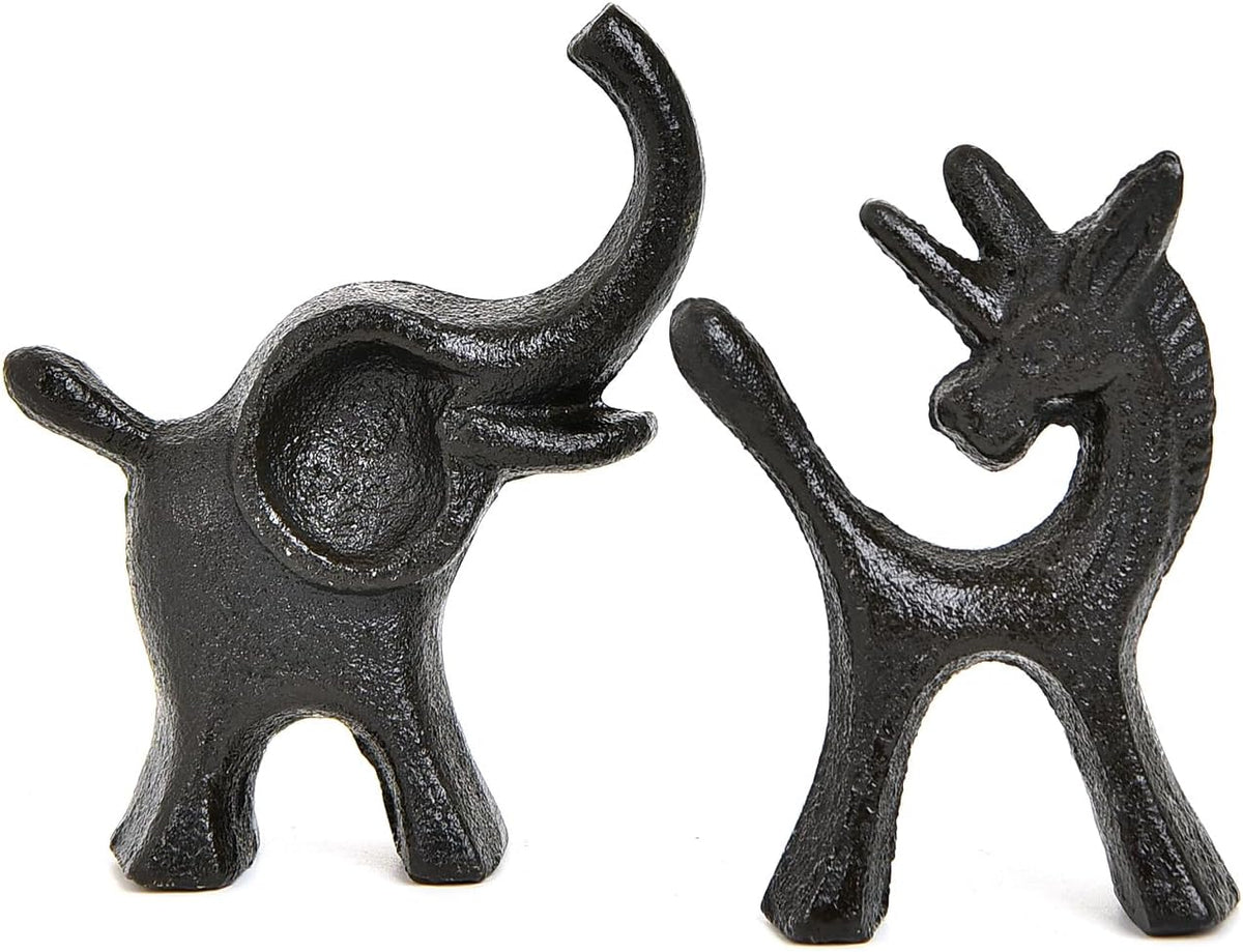Sungmor Set of 2 Cast Iron Elephant & Unicorn Figurines - Rustic Black Animal Sculptures for Shelf