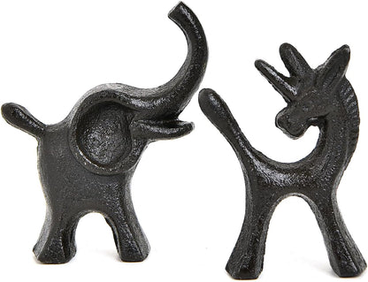 Sungmor Set of 2 Cast Iron Elephant & Unicorn Figurines - Rustic Black Animal Sculptures for Shelf