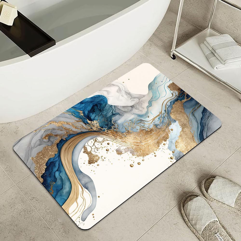 Bath Mat-Bathroom Rug，Natural Blue and Gold Marble-Absorbent Non Slip Quick Dry Stain Resistant