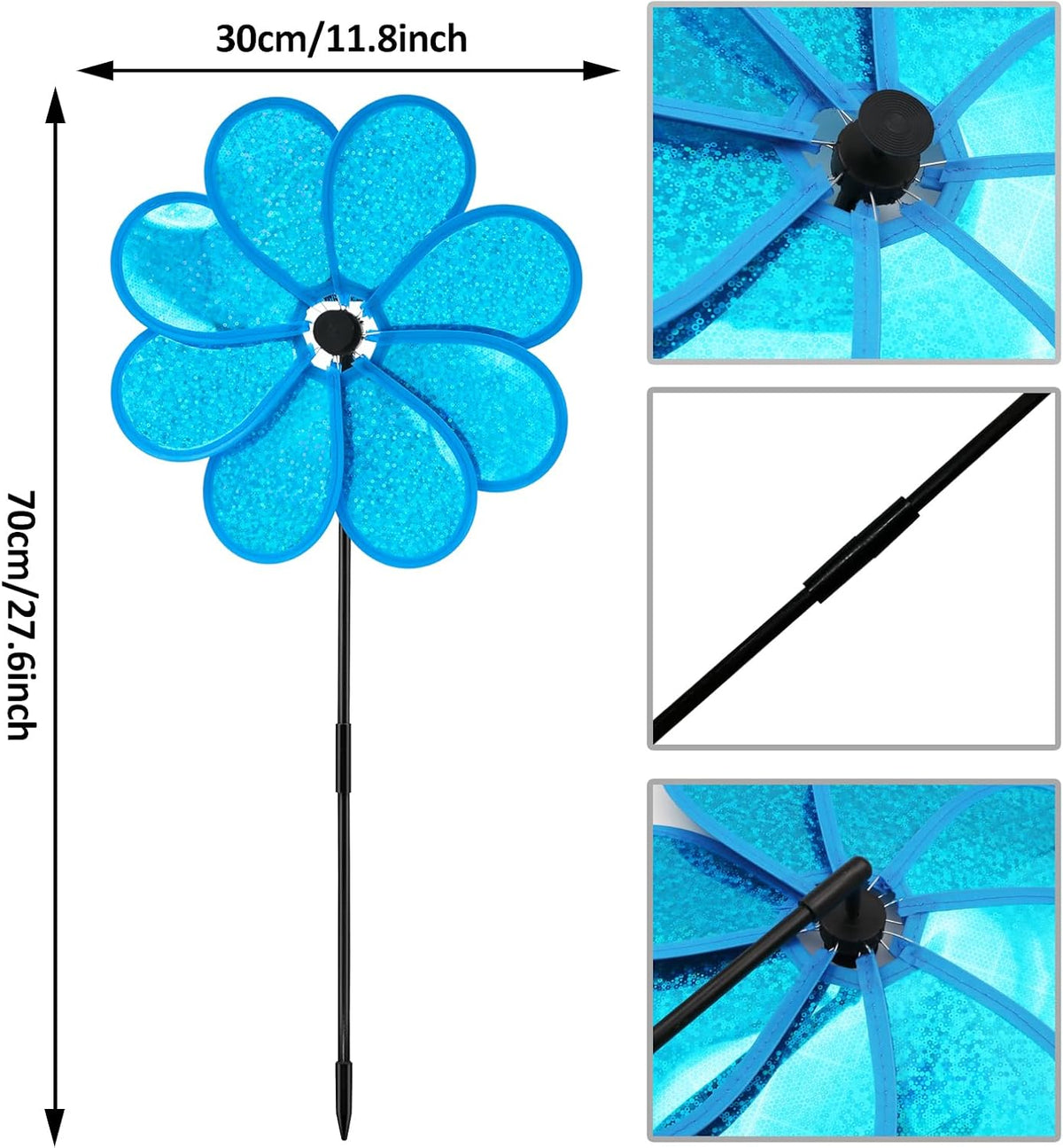4PCS Flower Wind Spinner Sparkly Lawn Pinwheel 11.8 inch Colorful Green Yellow Orange Light Blue
