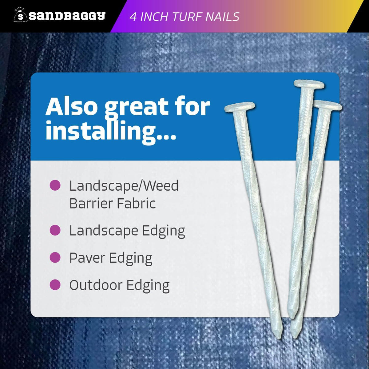 Sandbaggy 4 Inch Galvanized Artificial Turf Stakes - Spiral Landscape Nails - Ground Spikes/Pins