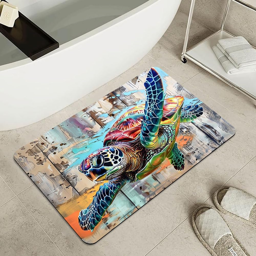 Bath Mat-Bathroom Rug，Sea Turtle in Flight-Absorbent Non Slip Quick Dry Stain Resistant Easy to
