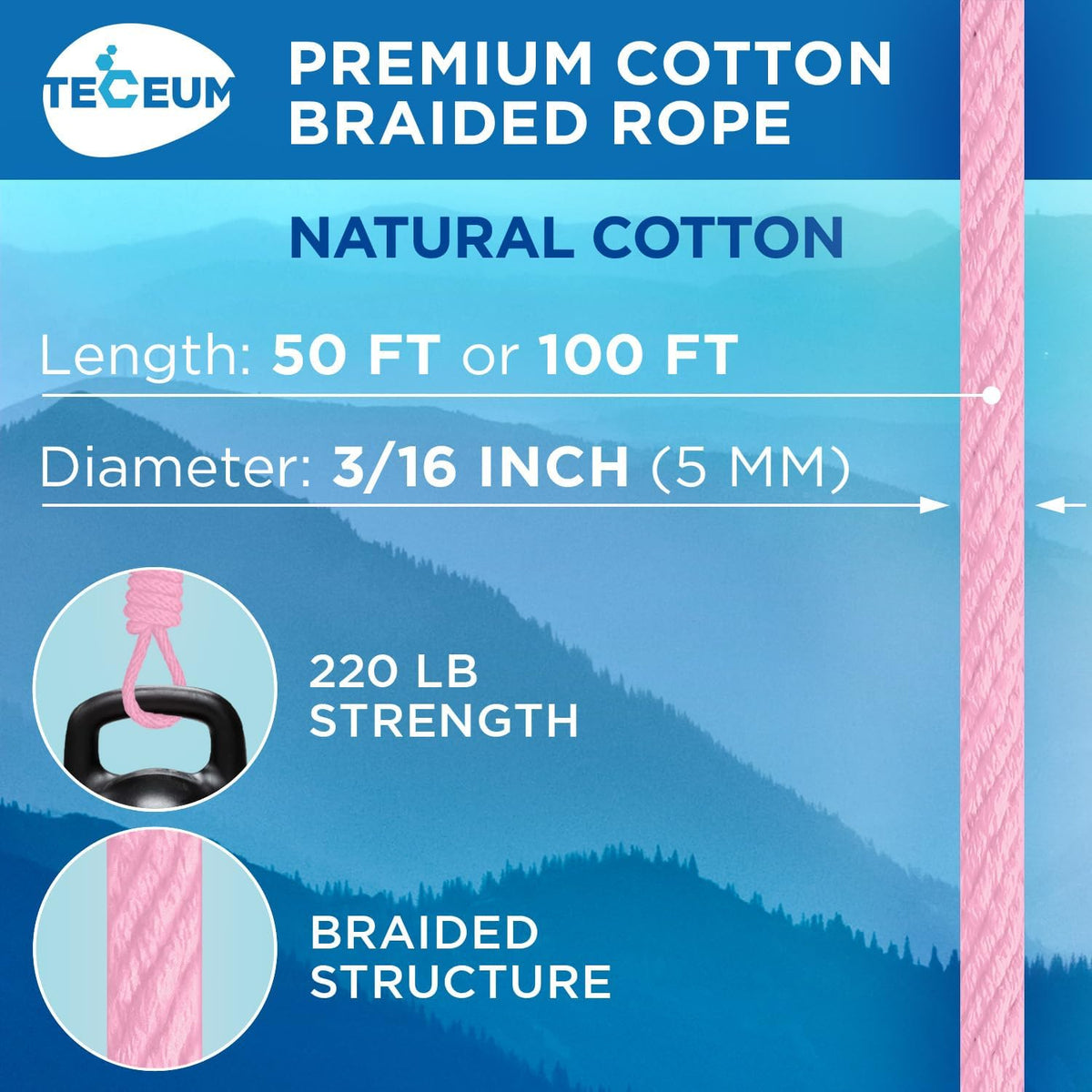 TECEUM Cotton Rope 3/16” (5 mm) – 100 FT – Strong All-Purpose Braided Rope – Natural Cotton – for