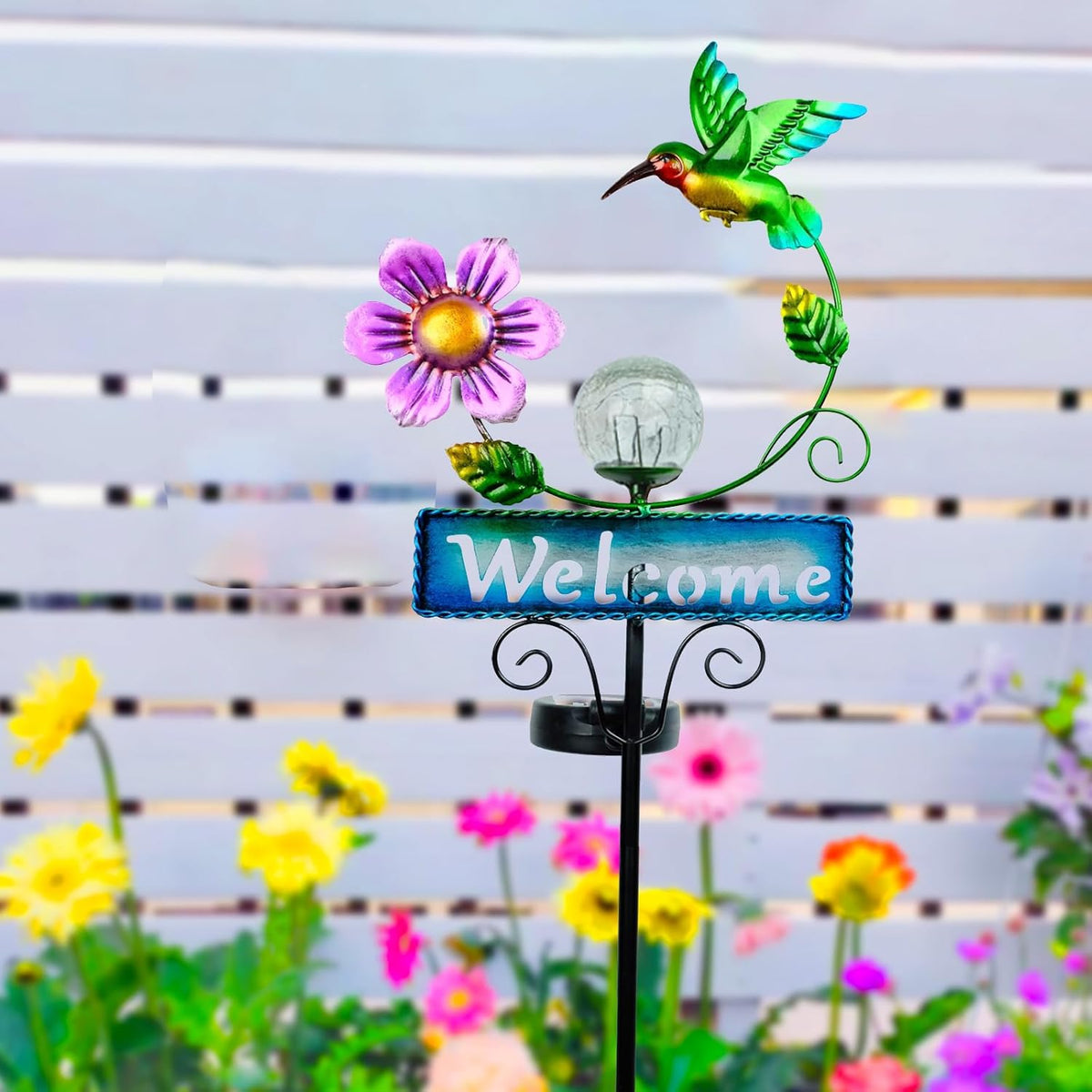 Outdoor Solar Garden Lights with Welcome Sign, Hummingbird Ornament Metal Stake Lights for Lawn