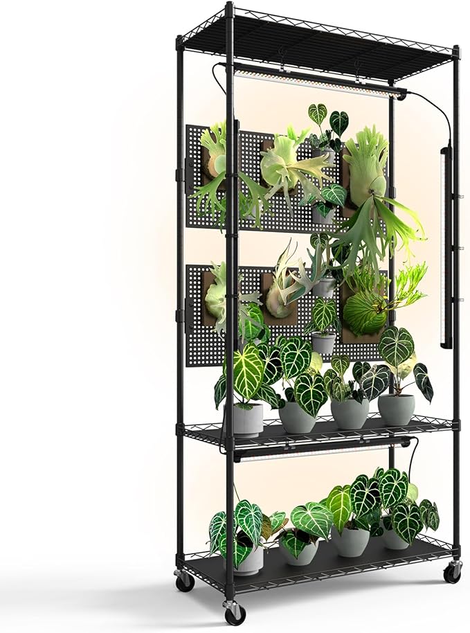 Bstrip Plant Shelf with Grow Light & Pegboard, Metal Plant Stand with Adjustable Rack and Wheels, 4