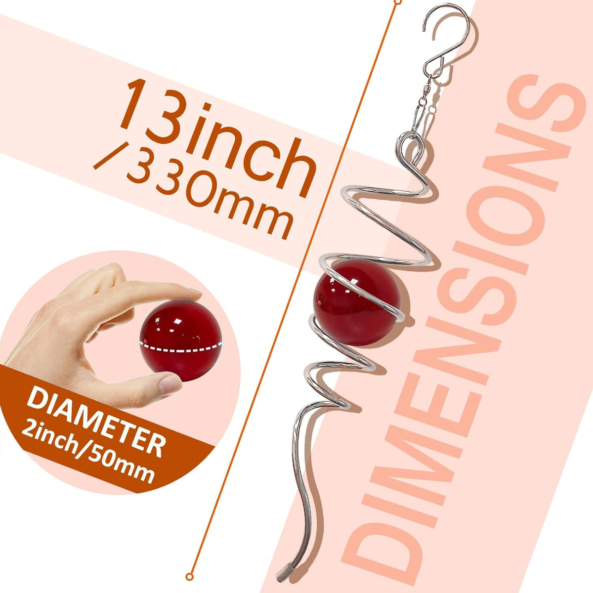 Wind Spinner Tail with Red Glass Orb,Wind Spinners Stabilizer Gazing Ball Spiral Tail,Decorative