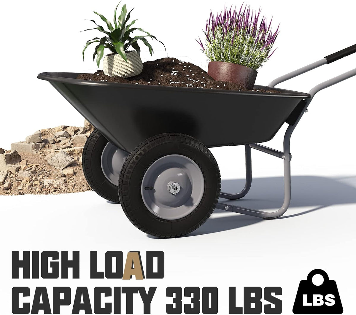 ARNOT Enlarged 2-Wheel Wheelbarrow, Easy Loading and Dumping Garden Cart, Heavy Duty Utility Dump