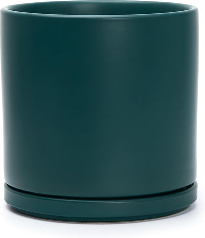 D'vine Dev 8 Inch Ceramic Planter Pot with Drainage Hole and Saucer, Indoor Cylinder Round Planter