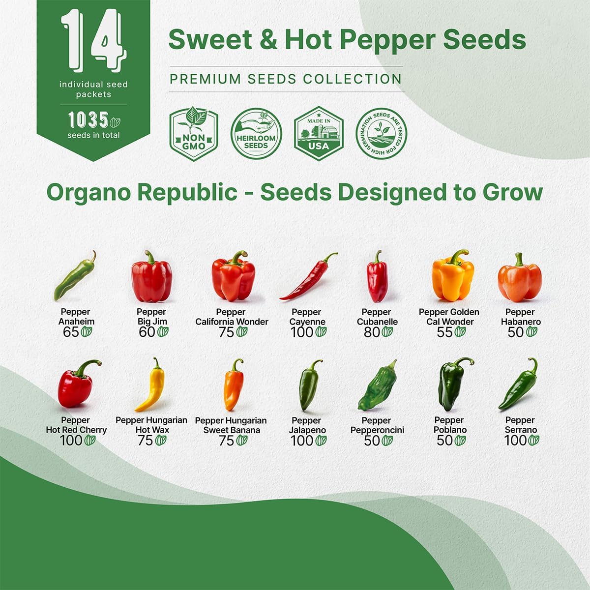 Organo Republic 14 Sweet & Hot Peppers Seeds Variety Pack - 1,030+ Non-GMO Heirloom Pepper Seeds