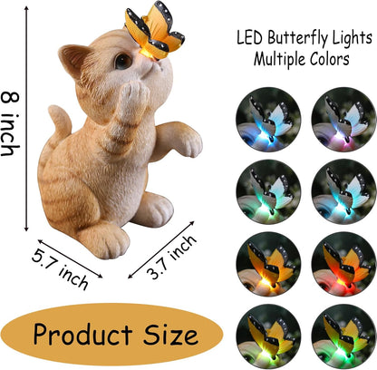 Garden Decor Solar Cat Figurines Cat Lover Gifts with LED Butterfly Lights for Indoor Outdoor Decor