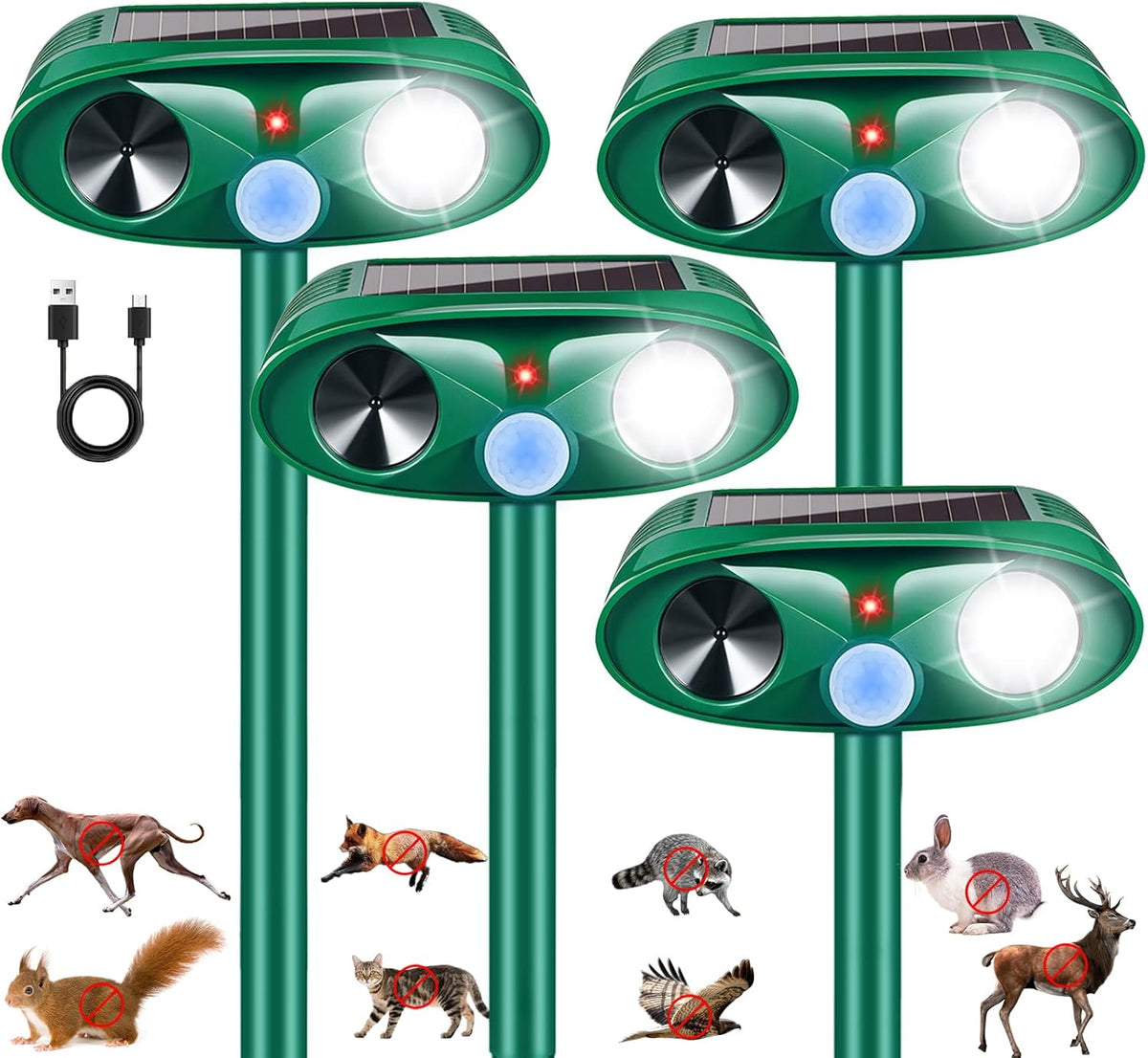 4 Pack Solar Ultrasonic Animal Repellent Outdoor Squirrel Raccoon Fortress Pro,Cat Deer Repellent