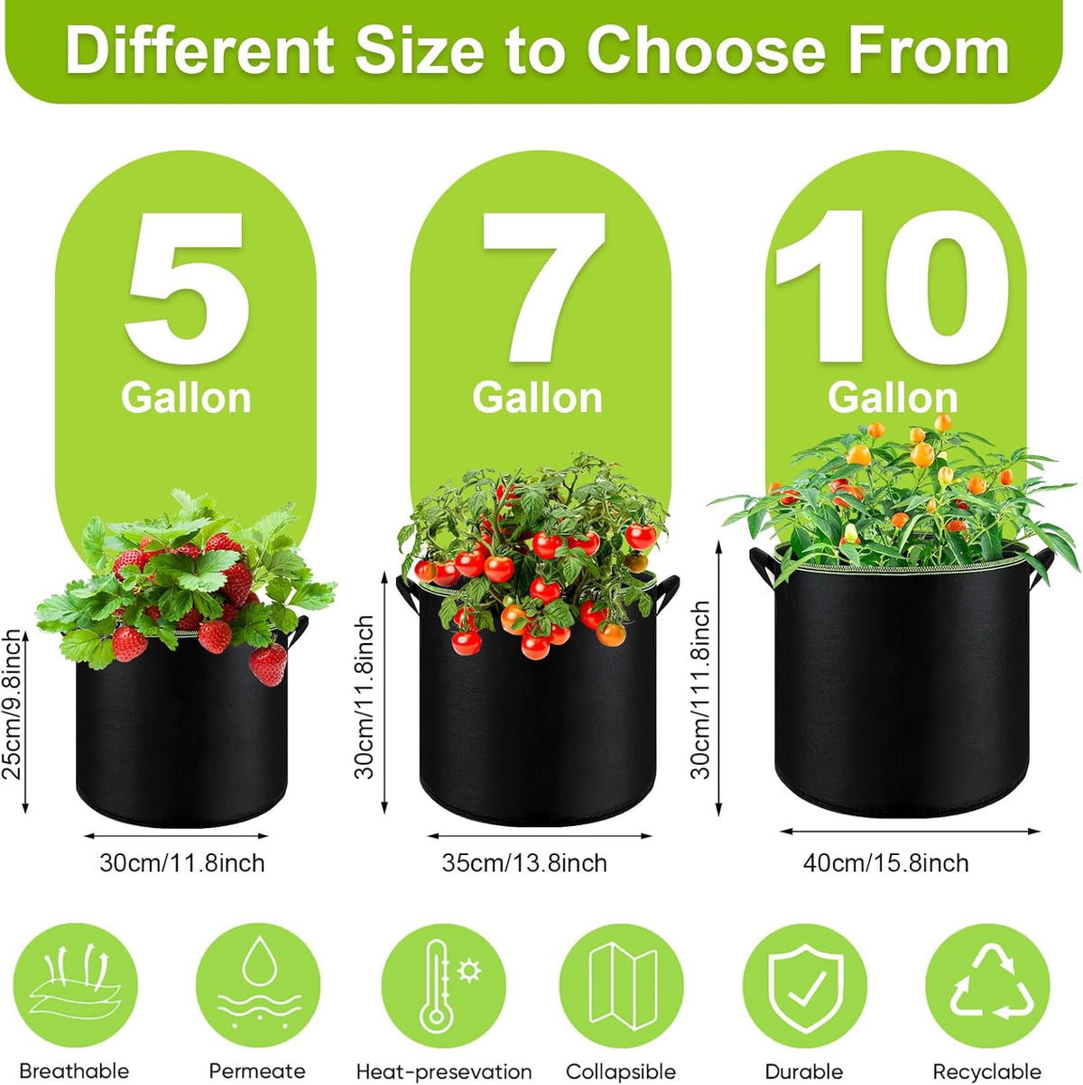 6-Pack 5 Gallon Grow Bags - 300G Heavy Duty Aeration Fabric Pots with Handles,Thickened Nonwoven