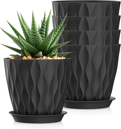 7 Inch Plant Pots 5 Pack, Flower Planters with Drainage Holes and Trays,Plastic Pots for Indoor