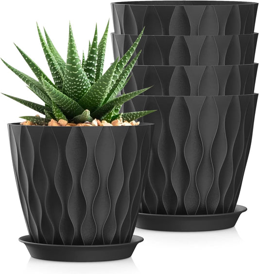 7 Inch Plant Pots 5 Pack, Flower Planters with Drainage Holes and Trays,Plastic Pots for Indoor