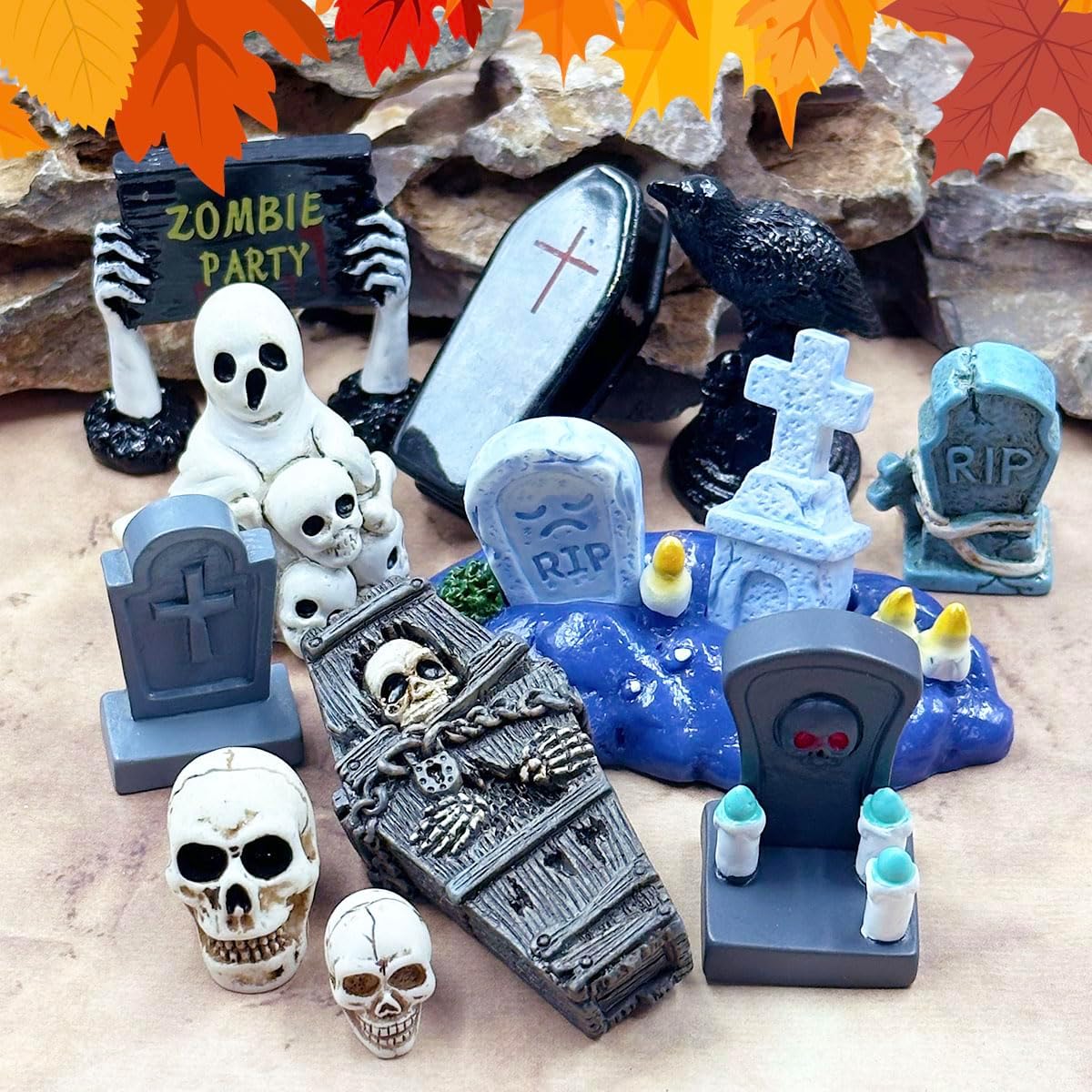 Suartus Halloween Miniature Figurines - 20 Resin Ghost Tombstones Skull Heads Scene Ornaments