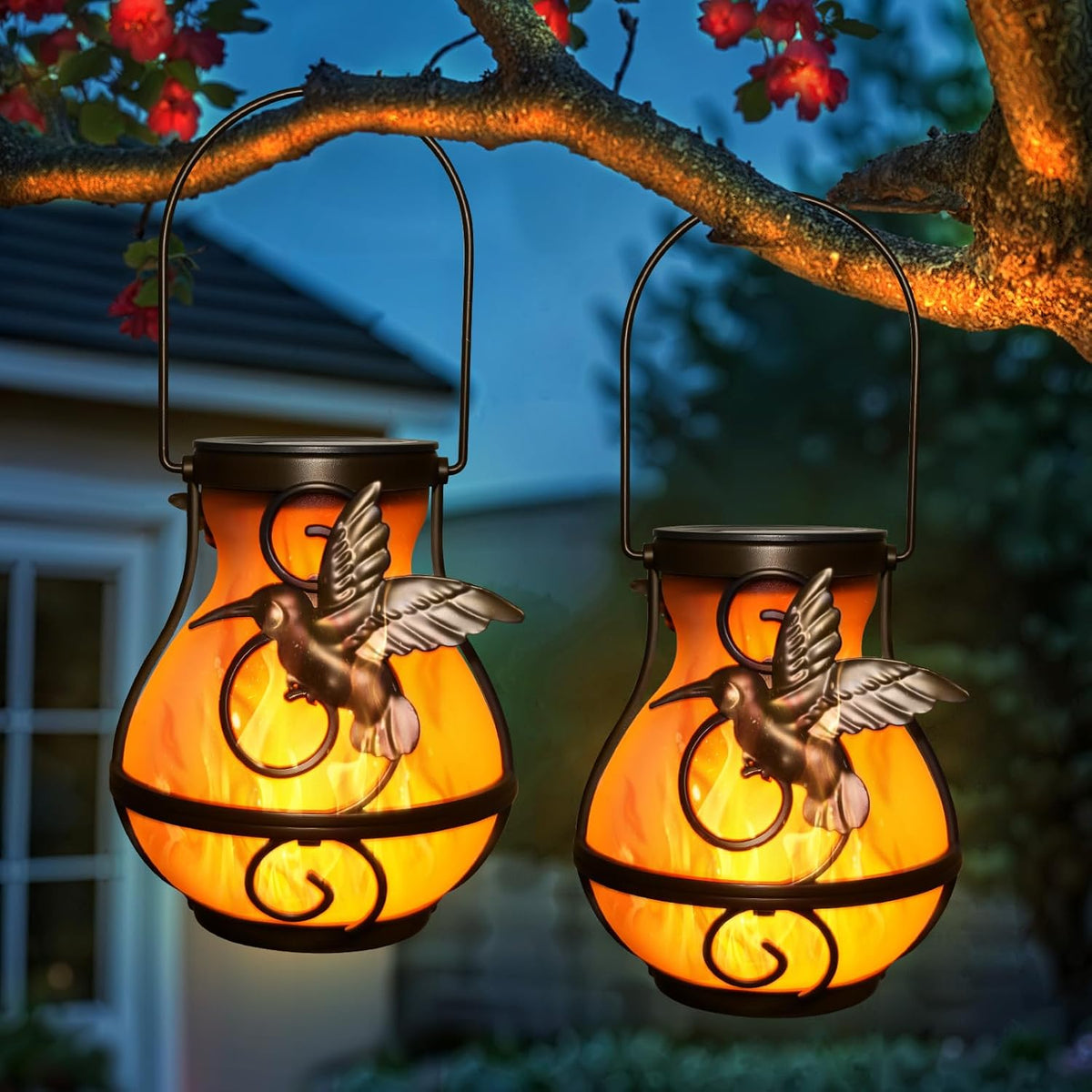 X-PREK 2 Pack Solar Lanterns Outdoor Waterproof Hummingbird Hanging Solar Lantern Flickering Flame