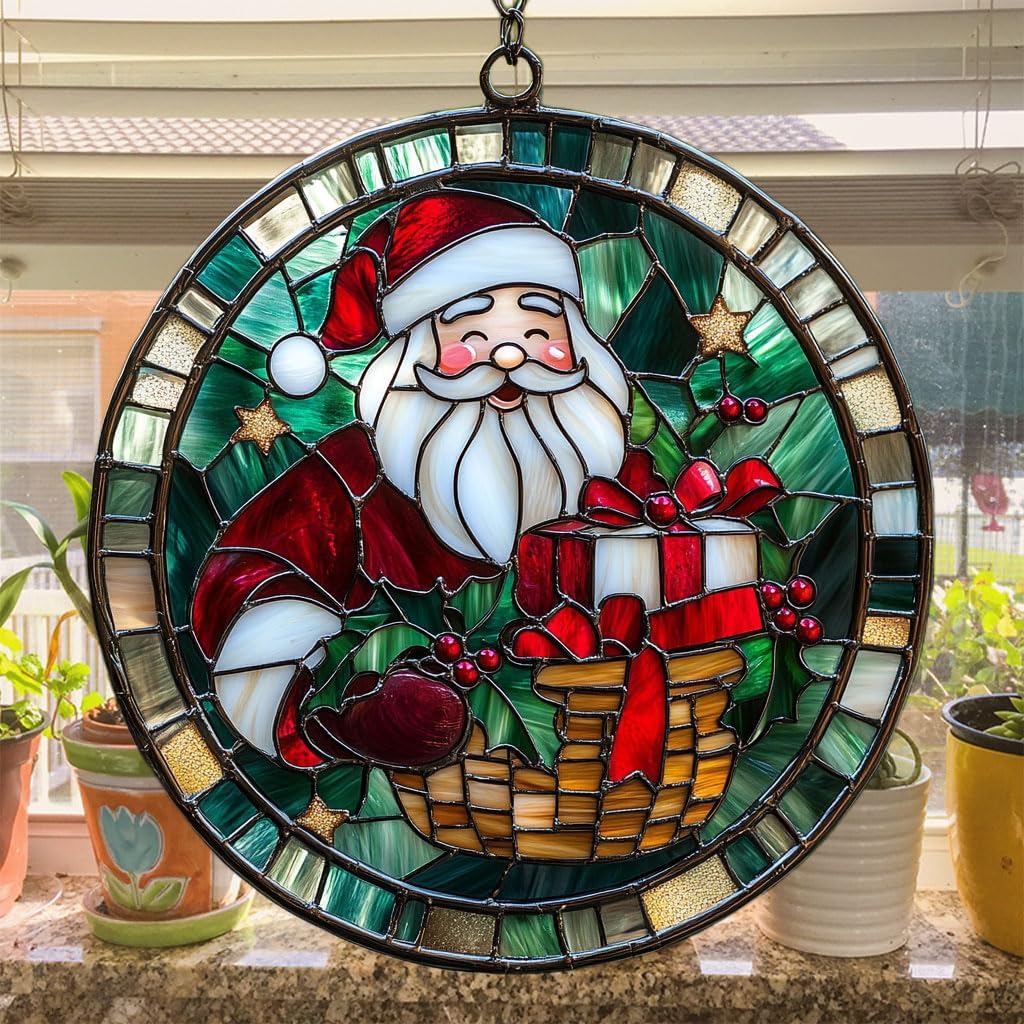 Santa Claus and Presents Acrylic Suncatcher Stained Glass Effect Window Car Hanging Christmas