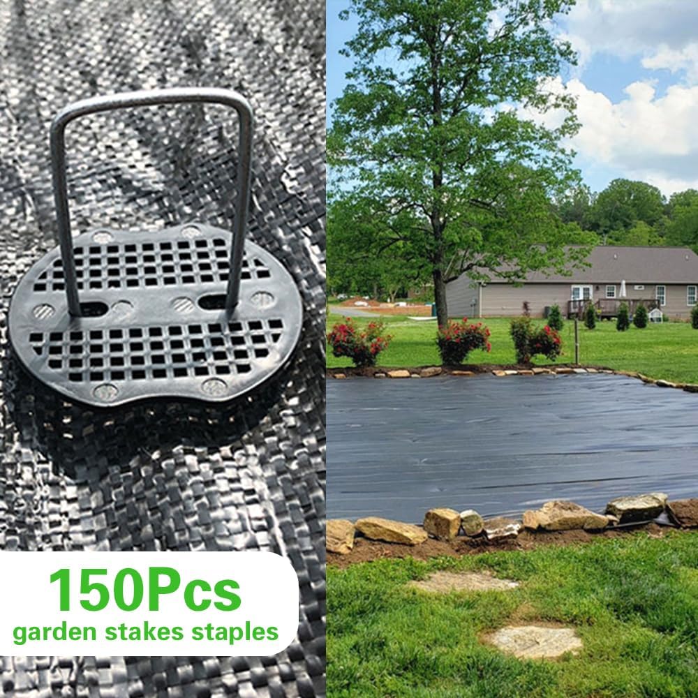 Bakulyor 150Pcs Landscape Staples + 150Pcs Gasket, 6 Inch Garden Stakes Staples 11 Gauge U Shaped