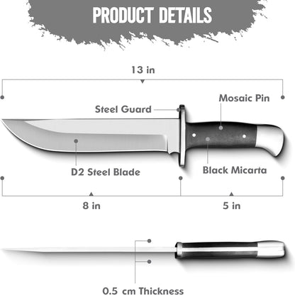 D2 13 Inch Full Tang Fixed Blade Bowie Knife with Leather Sheath - Suitable for Outdoor, Bushcraft