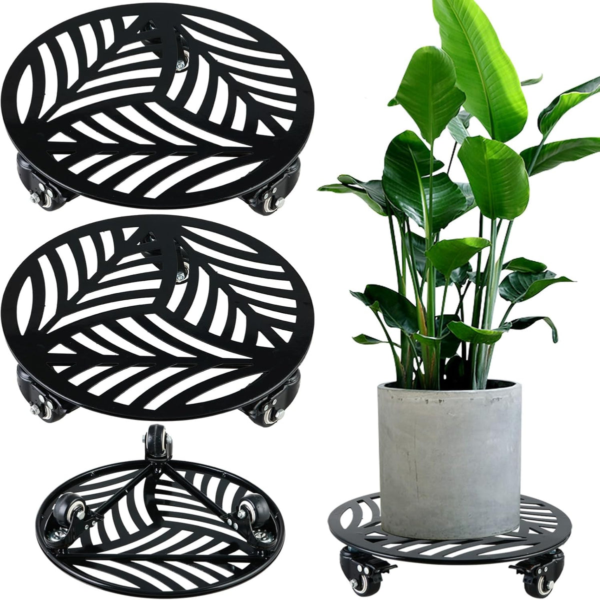 2 Packs 12" Large Metal Plant Caddy with 3 PU Metal Wheels Heavy-duty Wheeled Rolling Plant Stands